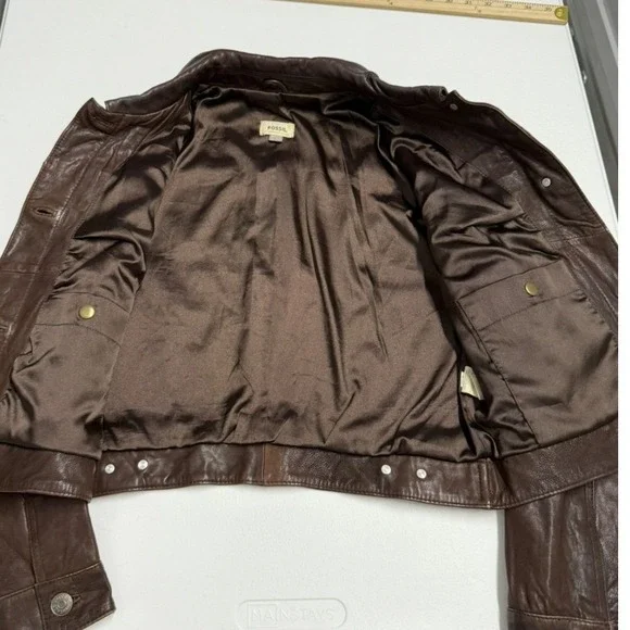 Fossil Brown Leather Cropped lamb leather Jacket Womens Trucker Button Front - Picture 4 of 9